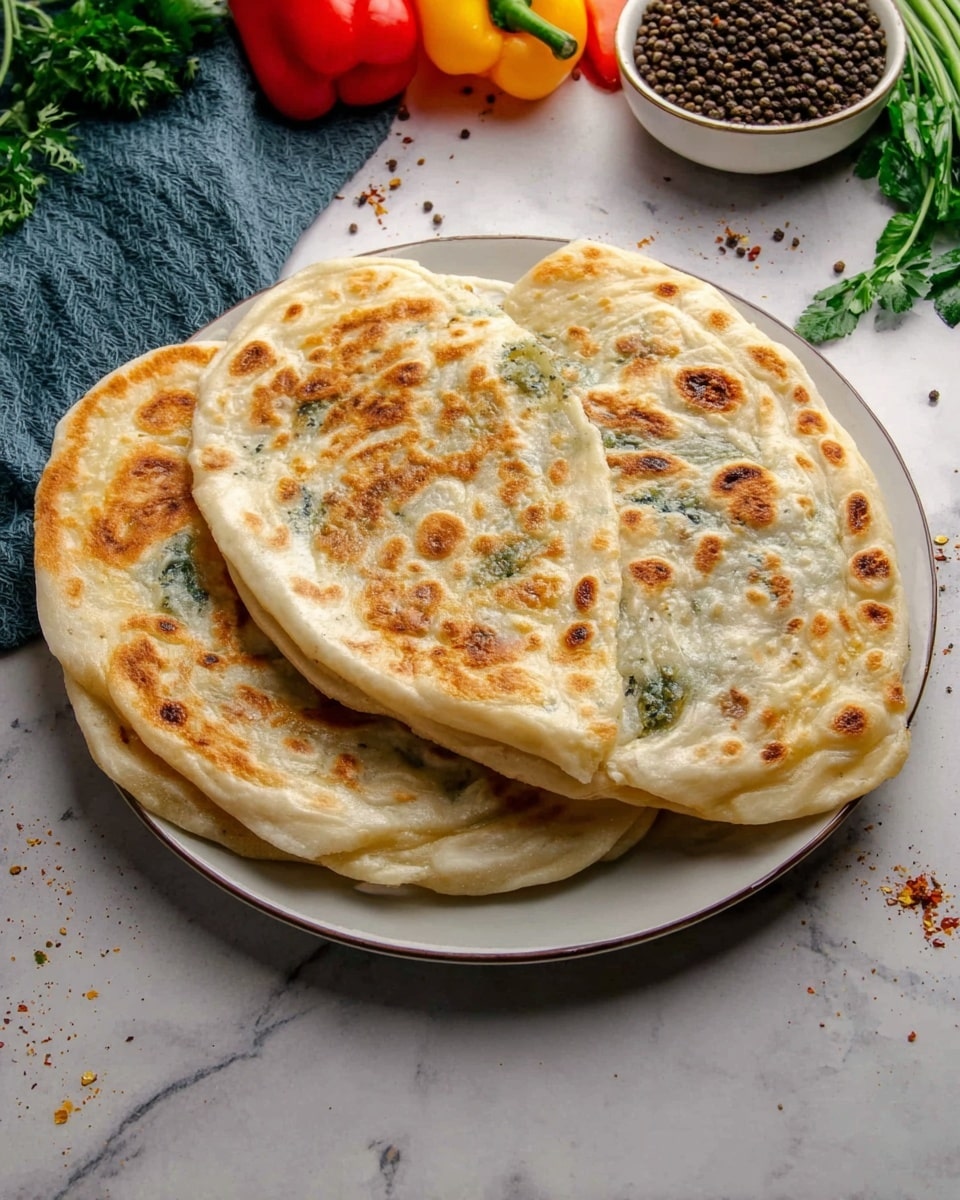 A white plate holds three layered flatbreads stacked slightly overlapping each other, the top flatbread has light golden brown spots and a swirl of green filling visible under the thin, soft dough, the middle one is evenly cooked with golden brown patches, and the bottom one is lighter with fewer brown spots, all flatbreads have a smooth, slightly puffy texture around the edges, the plate rests on a white marbled surface with scattered whole spices and fresh green herbs near the top edge, along with colorful bell peppers and a small white bowl filled with black peppercorns in the background, photo taken with an iphone --ar 4:5 --v 7