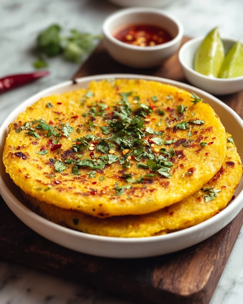 A stack of three yellow corn flatbreads with a slightly crispy, golden-brown surface sits inside a round white bowl. The top flatbread is garnished with chopped green cilantro leaves and small flakes of red chili, adding texture and color contrast. The bowl rests on a dark wood board placed over a white marbled surface. In the blurred background, two small white bowls hold slices of lime and red sauce, their vibrant colors enhancing the warm tones of the flatbreads. Photo taken with an iphone --ar 4:5 --v 7