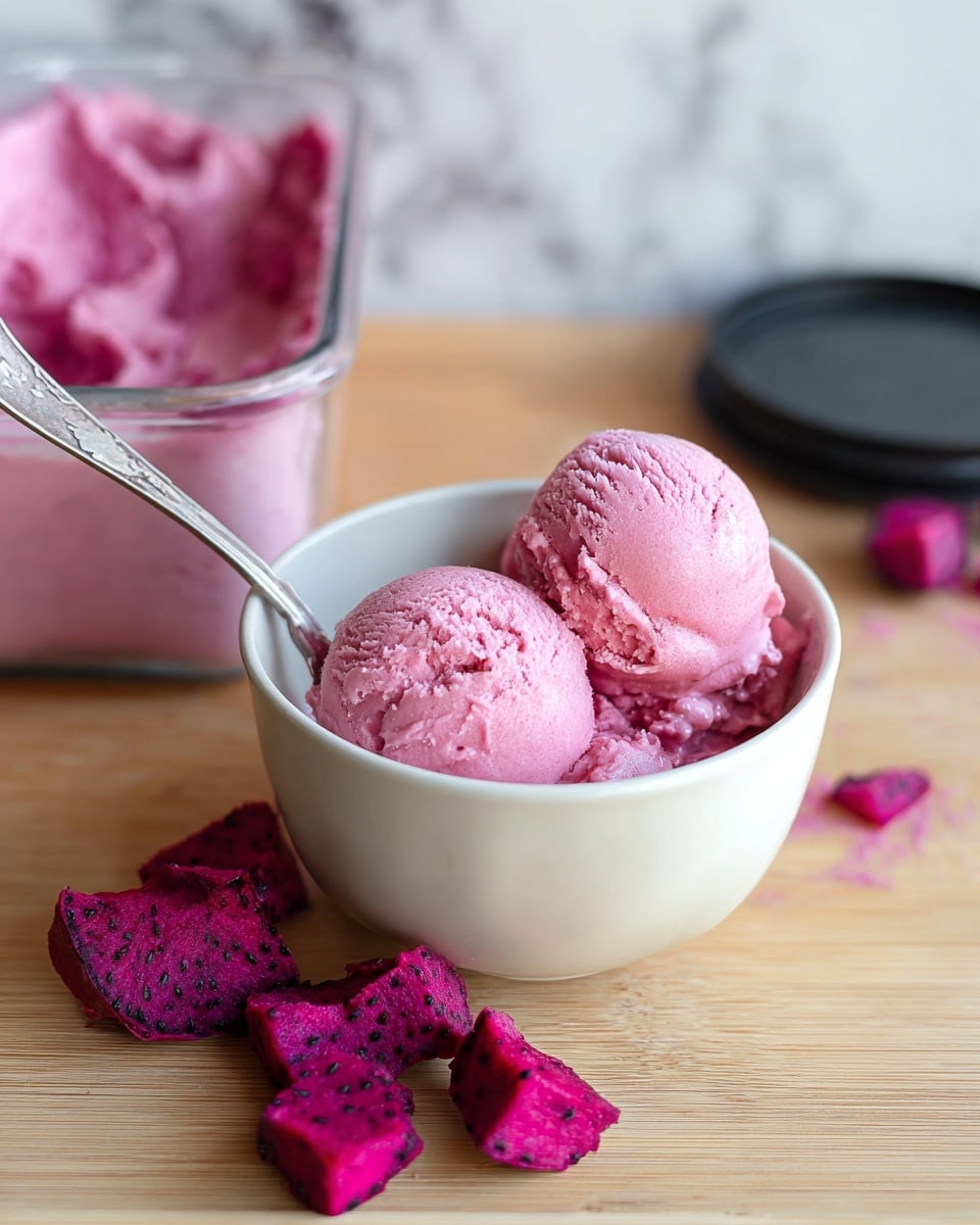 A white bowl filled with two perfectly scooped, smooth, pale pink ice cream balls resting on a soft pink base layer of the same ice cream. A spoon sits inside the bowl. Around the bowl, several vivid purple-pink frozen dragon fruit chunks are scattered. In the background, a clear container and a black lid both contain leftover pale pink ice cream. The entire setting is on a light wood surface with a white marbled texture in the background. Photo taken with an iphone --ar 4:5 --v 7