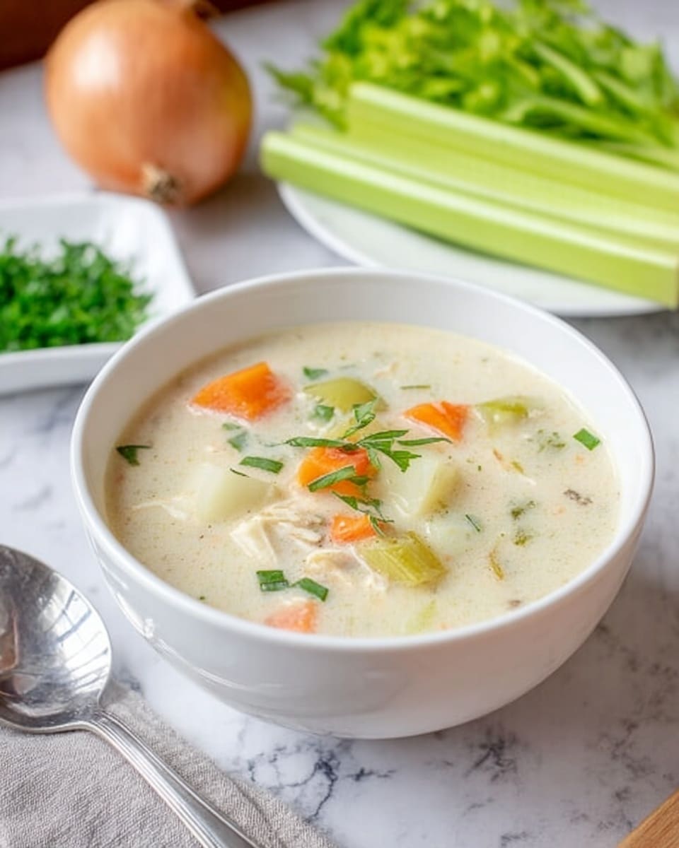 A white bowl filled with creamy soup sits on a white marbled surface. The soup has a pale cream color and contains chunky pieces of orange carrots, white potato, and green celery, with small green herb pieces sprinkled on top. Behind the bowl, there is a whole light brown onion, bright green celery sticks, and a white plate with more chopped green herbs. A shiny silver spoon lies near the bowl. Photo taken with an iphone --ar 4:5 --v 7