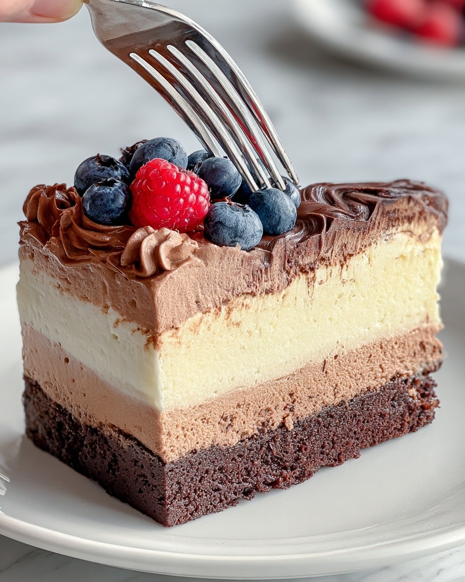 A slice of layered dessert is shown on a white plate with a white marbled texture beneath it. The bottom layer is dark brown and looks moist and dense. Above that is a light brown creamy layer, followed by a thick, pale yellow creamy layer. On top is a smooth layer of chocolate frosting with a slightly wavy texture. Blueberries and raspberries are placed on the chocolate layer as decoration. A woman's hand holds a fork that is gently pressing into the top corner of the dessert. Photo taken with an iphone --ar 4:5 --v 7