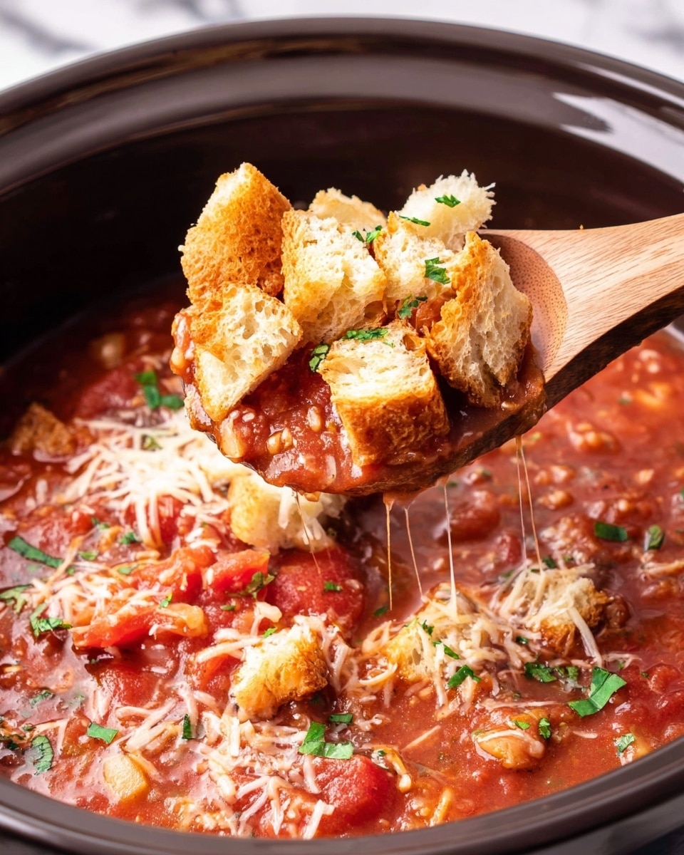 A close-up of a dark pot filled with chunky tomato soup that has a rich red color with visible small pieces of tomato and herbs, topped with golden brown croutons, light shredded cheese, and green parsley flakes. A wooden spoon in the pot lifts a spoonful showing all the layers mixed together with the croutons sitting on top of the thick soup and cheese. The background is a white marbled texture. photo taken with an iphone --ar 4:5 --v 7