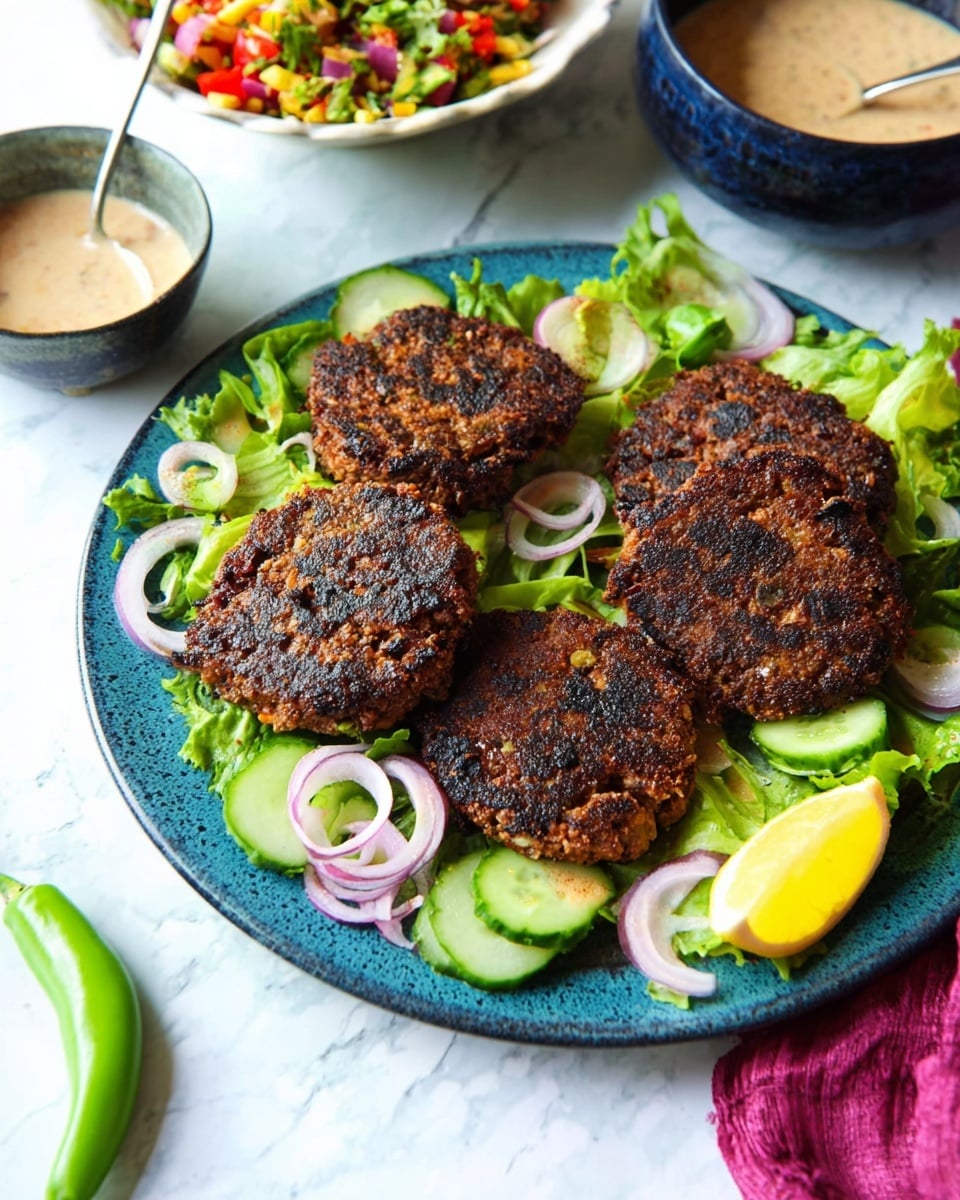 A blue plate holds four dark brown, slightly charred, thick patties on a bed of green leafy lettuce. Underneath and around the patties are bright green cucumber slices and ring-shaped light purple onions. There are small green chili peppers and a lemon wedge placed on the lettuce near the patties. In the background on a white marbled texture surface, there is a white bowl with colorful chopped salad, and a dark blue bowl filled with a light beige sauce with a spoon inside. A woman's hand holding a green chili is partly visible in the bottom left corner. photo taken with an iphone --ar 4:5 --v 7