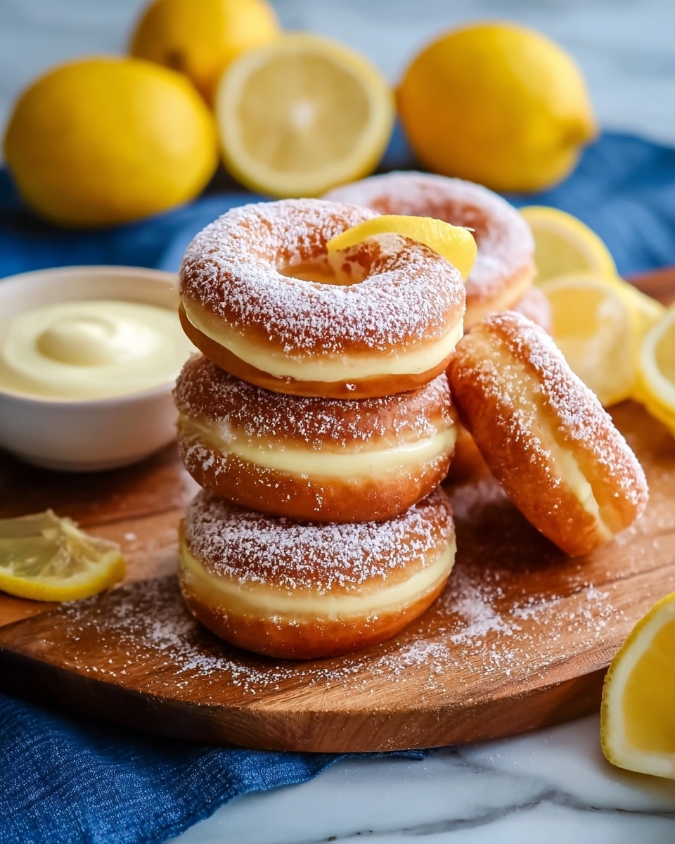 The image shows a stack of round, golden-brown doughnuts with a hole in the middle, arranged on a wooden board. Each doughnut has two layers of fried dough filled with smooth, pale yellow cream, and they are dusted with fine white powdered sugar. A thin wedge of lemon rests on top of the doughnuts. In the background, there are whole and halved fresh lemons, adding a bright yellow contrast. A small white bowl with a creamy sauce sits nearby. The setting is on a white marbled surface with a blue cloth beneath the wooden board. Photo taken with an iphone --ar 4:5 --v 7