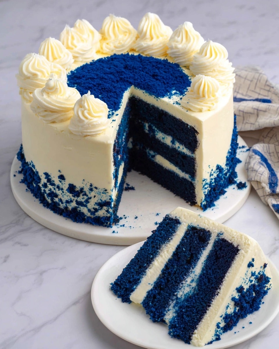 A three-layer round cake with deep blue sponge layers separated by thick, creamy white frosting; the outside is coated in smooth white frosting with bright blue crumbles around the bottom edge and a large circle of blue crumbles on top. There are evenly spaced white frosting swirls piped around the top edge. One slice is cut and placed on a white plate, showing the contrast of dark blue cake and white frosting inside. Both the cake and the slice rest on a white marble surface. Photo taken with an iphone --ar 4:5 --v 7