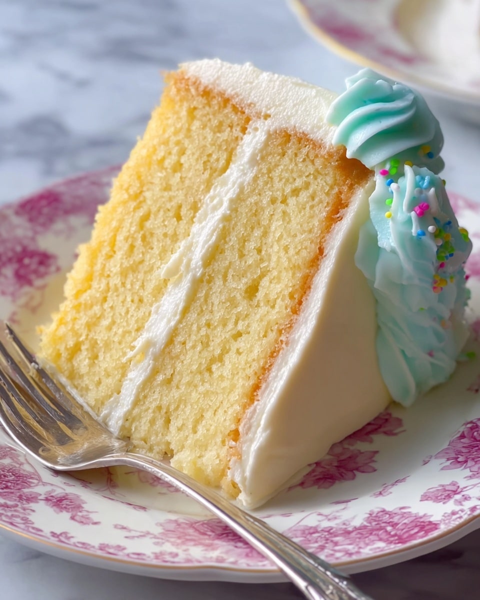 A slice of two-layer yellow cake is shown with smooth white frosting covering the sides and a thick layer of frosting between the two cake layers. The cake texture looks soft and moist with a golden brown edge on the top of each layer. There is a swirl of light blue frosting with small colorful sprinkles on the top right side of the slice. The dessert is placed on a white plate with pink floral patterns, and a silver fork rests beside the cake. The background is a white marbled surface. photo taken with an iphone --ar 4:5 --v 7