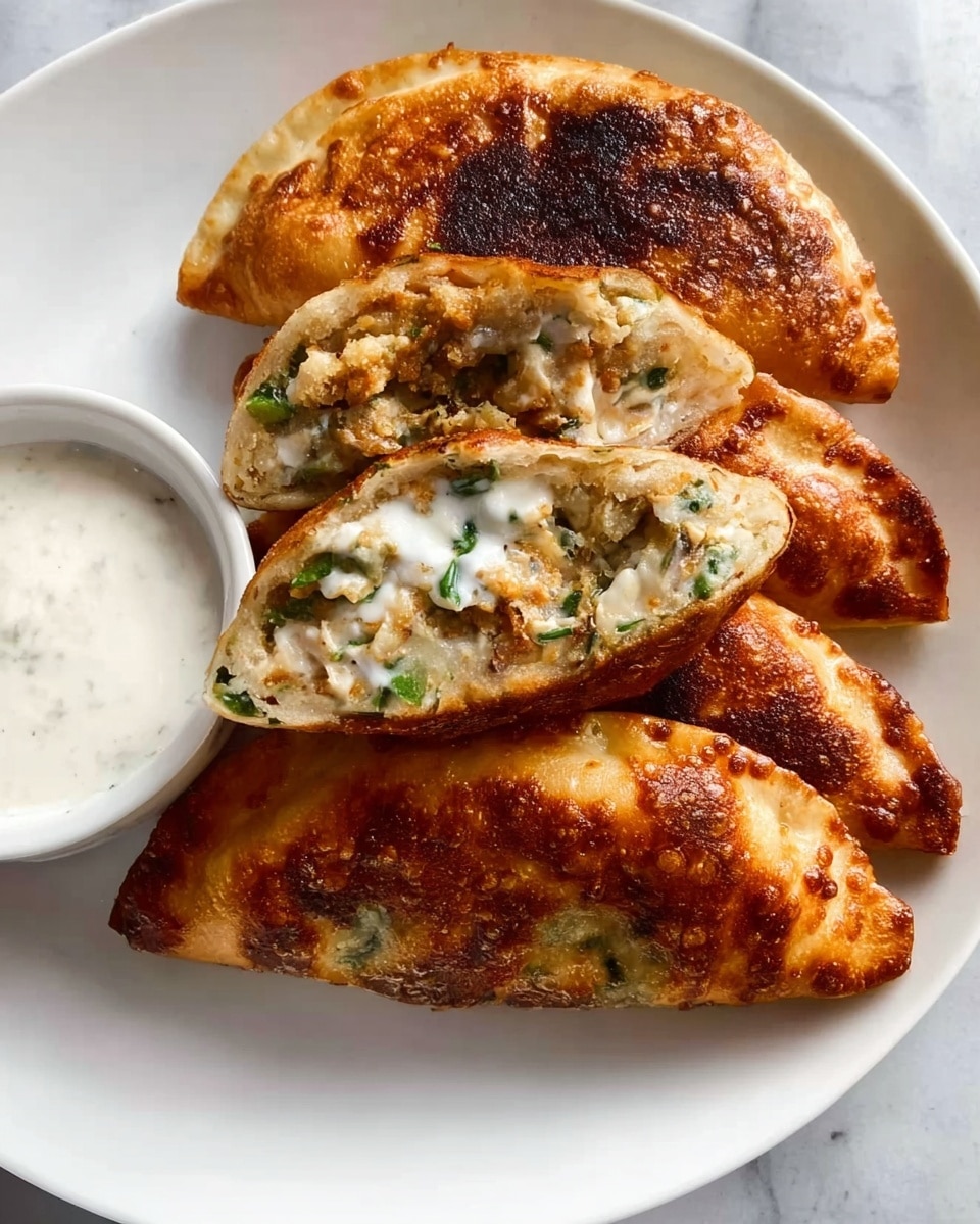 The image shows a white plate on a white marbled surface with three golden-brown stuffed pockets arranged in a row, each split open to reveal a creamy, textured filling mixed with green herbs, giving it a fresh, speckled look. The pockets have a crispy outer crust with varying shades of browning, indicating a pan-fried finish. To the left side of the plate, there is a small white bowl filled with a smooth, white sauce with a slight sheen. The photo is taken close-up, highlighting the texture and colors of the food, photo taken with an iphone --ar 4:5 --v 7
