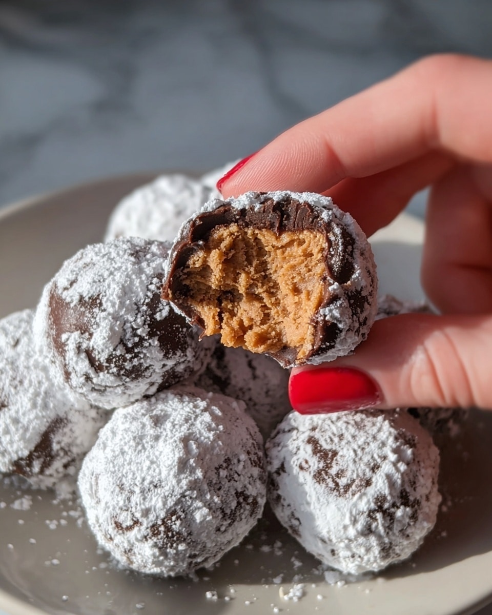 A close-up image of several round chocolate truffles covered in white powdered sugar, placed on a white plate. One truffle is held by a woman's hand with red painted nails, showing a bitten half that reveals the inside: a soft, dense, light brown peanut butter filling with a slight crumbly texture, surrounded by a thin, glossy dark chocolate layer. The surface under the plate is a white marbled texture. Photo taken with an iphone --ar 4:5 --v 7