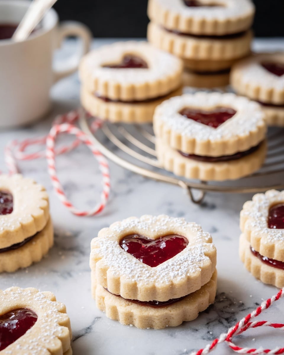 The image shows round sandwich cookies with scalloped edges and a heart-shaped cutout on the top layer, revealing glossy red jam inside. The cookies have two layers; the bottom layer is solid and beige, while the top layer is beige with powdered sugar dusted over it, giving a soft, snowy look. The jam in the middle has a shiny, smooth texture, sitting in the heart-shaped window. The cookies are placed on a white marbled surface, some stacked on a round rack with a few scattered around. A white cup with a spoon and a red-and-white twisted string are also partly visible in the background. Photo taken with an iphone --ar 4:5 --v 7