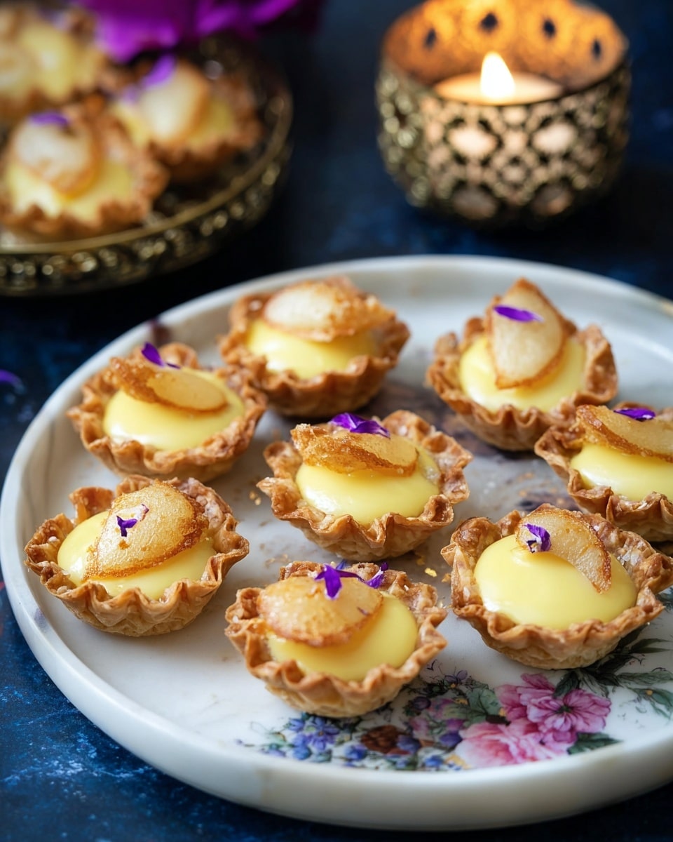 A close-up image shows woman's hand holding a small tart with three layers: the bottom layer is a crisp, light beige tart shell with ruffled edges, the middle layer is a smooth pale yellow cream, and the top layer is a round, brown fried sweet piece sitting in the cream. In the background, there are several empty tart shells on a black tray, a metal bowl filled with the same yellow cream, and a golden bowl, all placed on a white marbled surface with bright yellow flowers at the bottom. Photo taken with an iphone --ar 4:5 --v 7