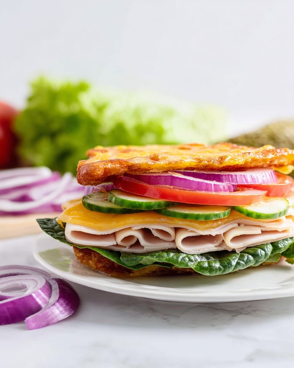 The image shows a white round plate with a single layer of fresh green lettuce leaves topped by three slices of golden-brown melted cheese crisps, their edges crispy and slightly browned. Around the main plate, there is a small white bowl filled with shredded yellow and white cheese, a white rectangular plate holding folded slices of light pink deli turkey, a round slice of purple onion, a half pickle, and a partially visible tomato slice. The entire scene is set on a white marbled textured surface with parts of a green and white striped cloth visible near the top right corner. photo taken with an iphone --ar 4:5 --v 7