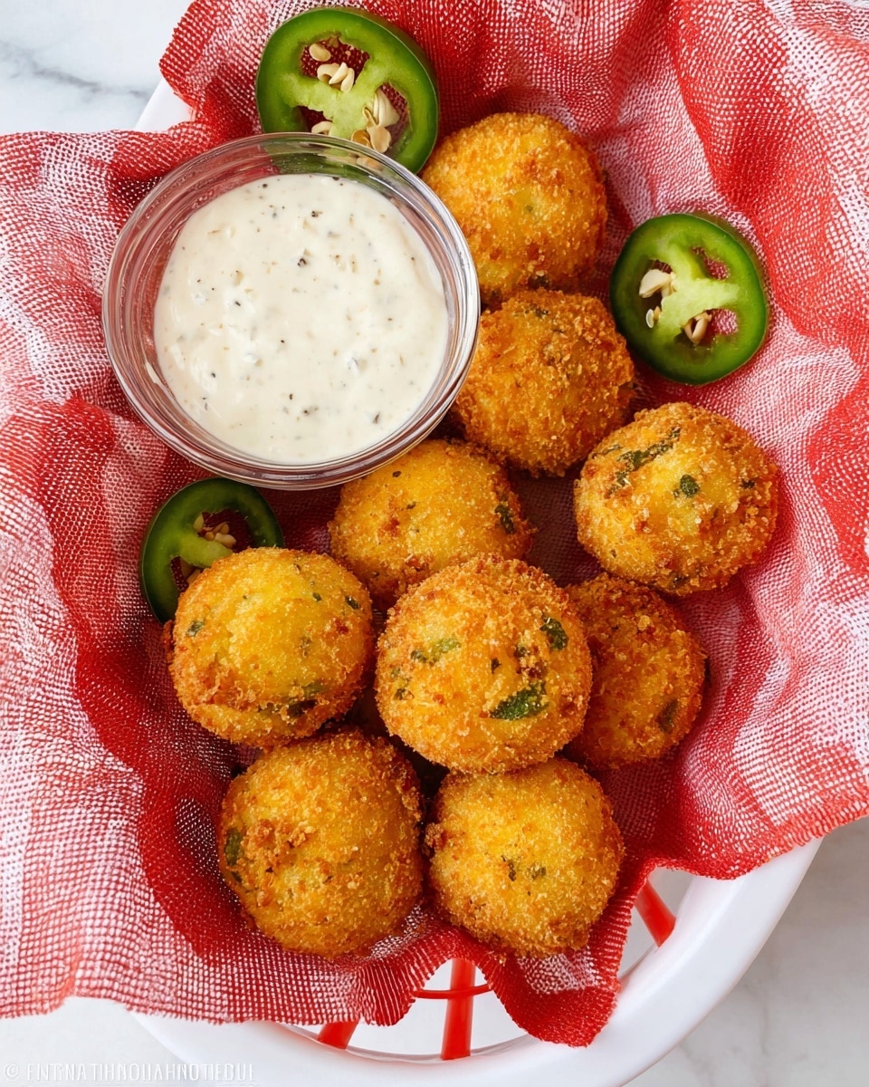 A white basket lined with red and white checkered paper holds about eight golden-brown, round fried balls with a crispy texture and bits of green visible inside. Several slices of fresh green jalapeños are scattered around the basket. At the top left corner inside the basket, there is a small clear glass bowl filled with creamy white dipping sauce with tiny black specks. The whole basket sits on a white marbled surface. photo taken with an iphone --ar 4:5 --v 7