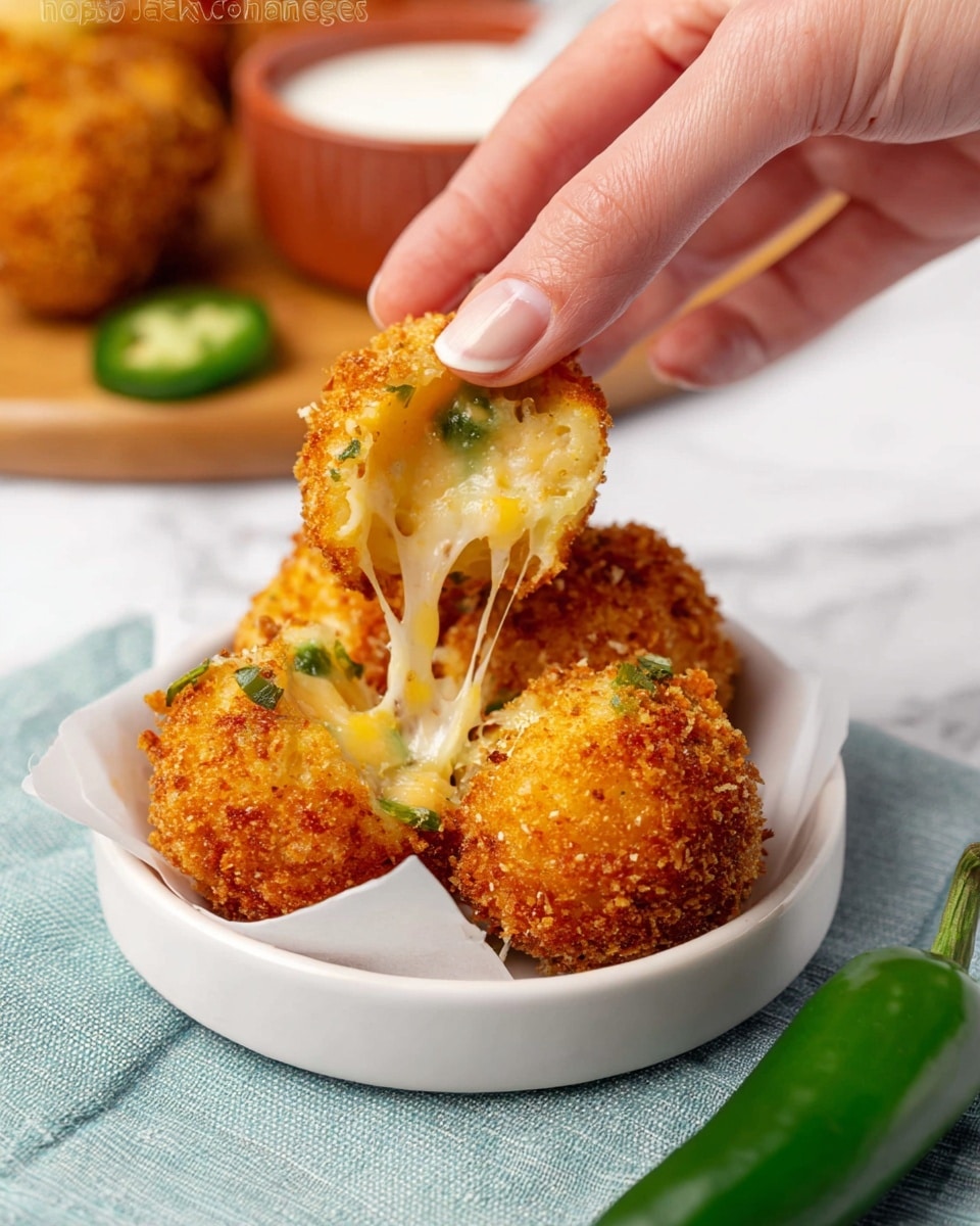 The image shows three golden-brown, crispy fried balls on a small white round plate, with one ball being pulled apart by a woman's hand, revealing melted, stretchy cheese inside dotted with small green chili pieces. In the background, there is a white dipping sauce in a small bowl and a jalapeño pepper placed near the plate, all set on a white marbled surface with a light blue cloth nearby. The fried balls have a crunchy texture with green herbs or chili bits visible inside the cheese. Photo taken with an iphone --ar 4:5 --v 7