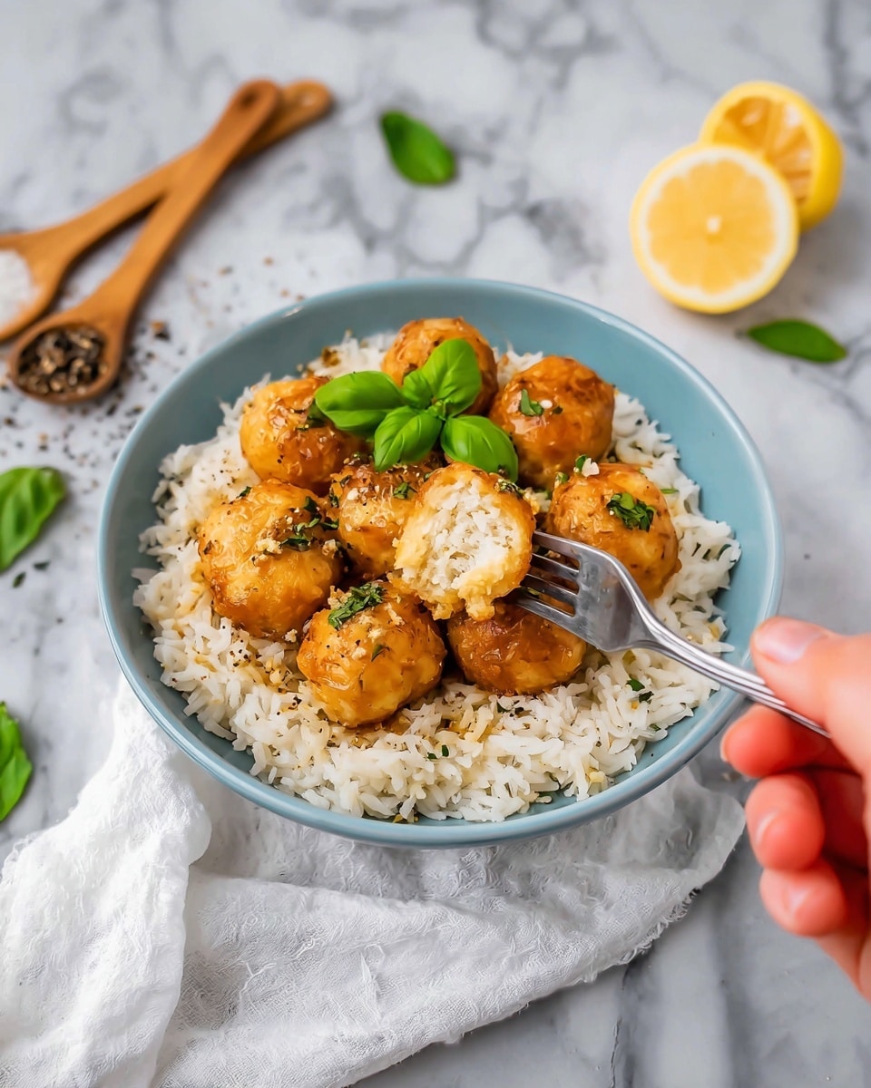 A tray lined with parchment paper holds twelve golden, crispy fried chicken bites, each piece unevenly shaped and glistening with a light coating of orange sauce. The nuggets are sprinkled with finely chopped green herbs and small bits of lemon zest. A steel fork touches one piece on the left side. Around the tray, half of a lemon is placed on the lower right corner, and scattered peppercorns are near a wooden spoon at the top. Some fresh green leaves lie near the top right corner, and a spiral wooden honey dipper is on the upper left side. The entire scene is set on a white marbled surface. Photo taken with an iphone --ar 4:5 --v 7