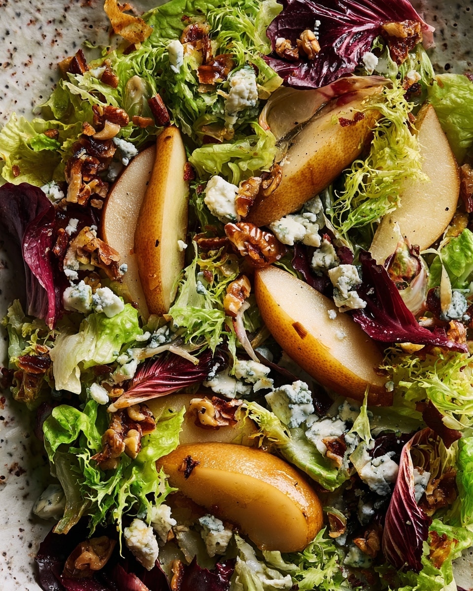 The dish shows a close-up of a salad with several layers of ingredients. The base layer is made of light green frisée lettuce and some deep red and green leafy greens, giving a mix of soft and curly textures. On top of this, there are slices of golden-brown roasted or sautéed pear wedges with a slightly shiny glaze, scattered evenly across the salad. Small chunks of blue cheese with white and blue-green marbling are sprinkled throughout, adding rough and crumbly textures. There are also toasted nuts or seeds, some clustered in small groups, adding a crunchy, textured contrast. The entire composition is vibrant with fresh and cooked elements on a white marbled textured surface in the background. photo taken with an iphone --ar 4:5 --v 7