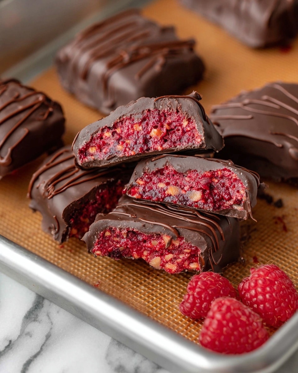 The image shows several pieces of chocolate-covered raspberry treats, each cut in half to reveal two layers: a thick, smooth dark chocolate outer shell with a glossy texture, and a dense, bright red raspberry filling studded with small seeds inside. The chocolate exterior has some drizzled lines of chocolate for decoration. The pieces are arranged on a brown baking mat inside a metal tray, with a few fresh raspberries placed beside them. The surface beneath the tray is a white marbled texture. Photo taken with an iphone --ar 4:5 --v 7