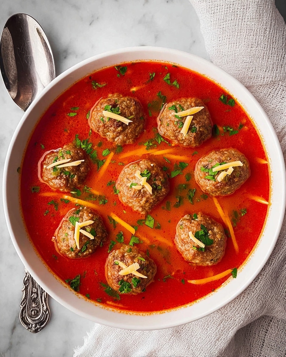 A white bowl filled with a rich red broth, with eight meatballs floating in it. The meatballs are browned and sprinkled with small green herb pieces. Thin yellow noodle strips rest partly on top of and around the meatballs. The soup has small green herb bits scattered on the surface. The bowl is placed on a white marbled texture, next to a silver fork and a light cloth napkin. Photo taken with an iphone --ar 4:5 --v 7