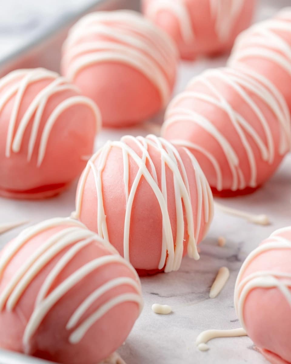 The image shows several round cake balls coated in smooth, light pink icing, each decorated with thin, irregular white icing stripes drizzled across the top. The cake balls are arranged close together on a white tray lined with parchment paper, with some white icing drizzles also visible on the paper. The background features a white marbled texture that adds a clean and bright feel to the scene. photo taken with an iphone --ar 4:5 --v 7