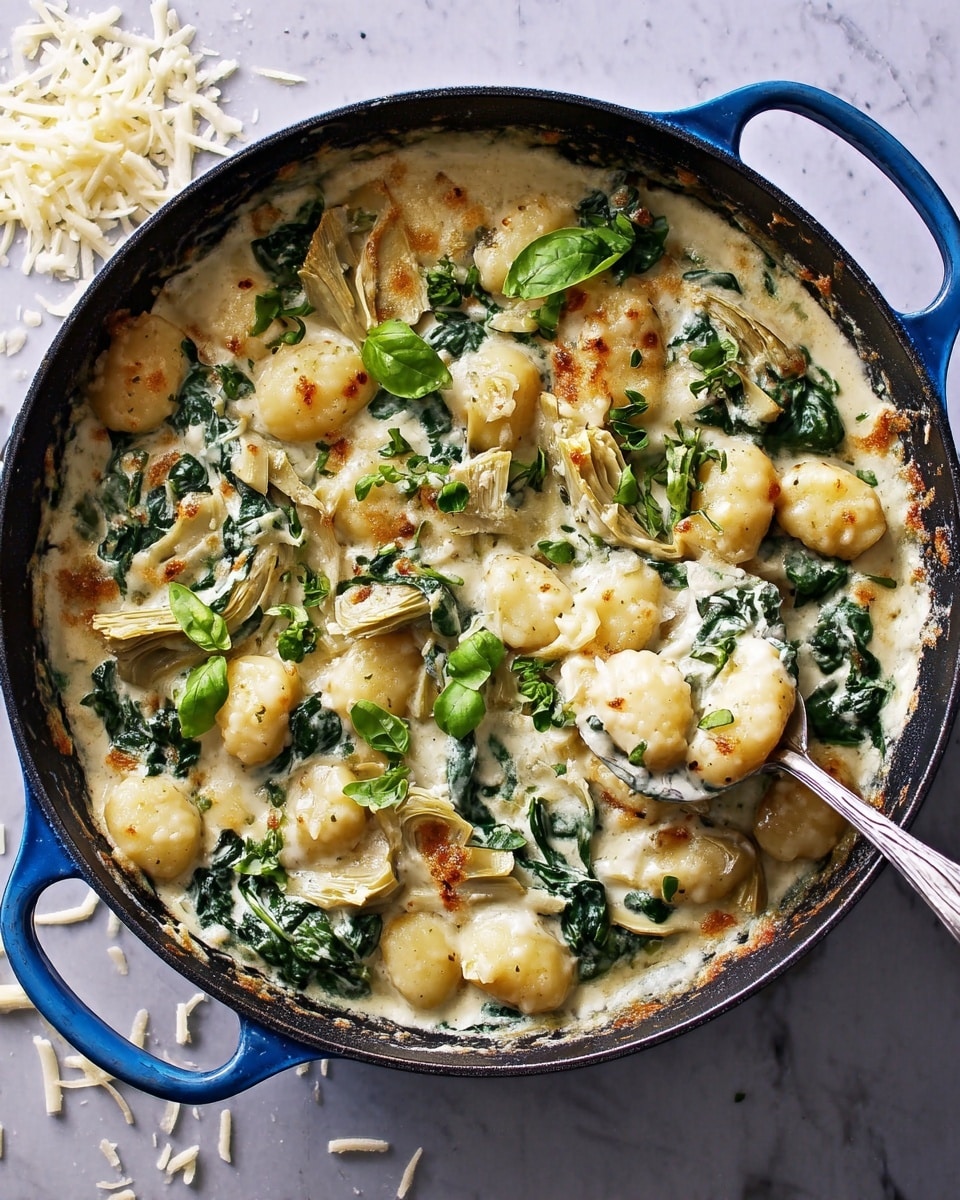 A blue cast iron pan filled with creamy gnocchi in a sauce that has visible spinach leaves and artichoke pieces, giving the dish green and beige layers mixed throughout. The gnocchi are plump and white, covered in thick creamy sauce with a slightly browned top from broiling. Fresh basil leaves are scattered on top, adding small bright green touches. The sauce looks smooth and rich, with a few browned spots creating contrast. A silver spoon inside the pan holds a scoop of gnocchi, sauce, and bits of spinach. The pan is placed on a white marbled surface with some cheese shreds nearby. Photo taken with an iphone --ar 4:5 --v 7