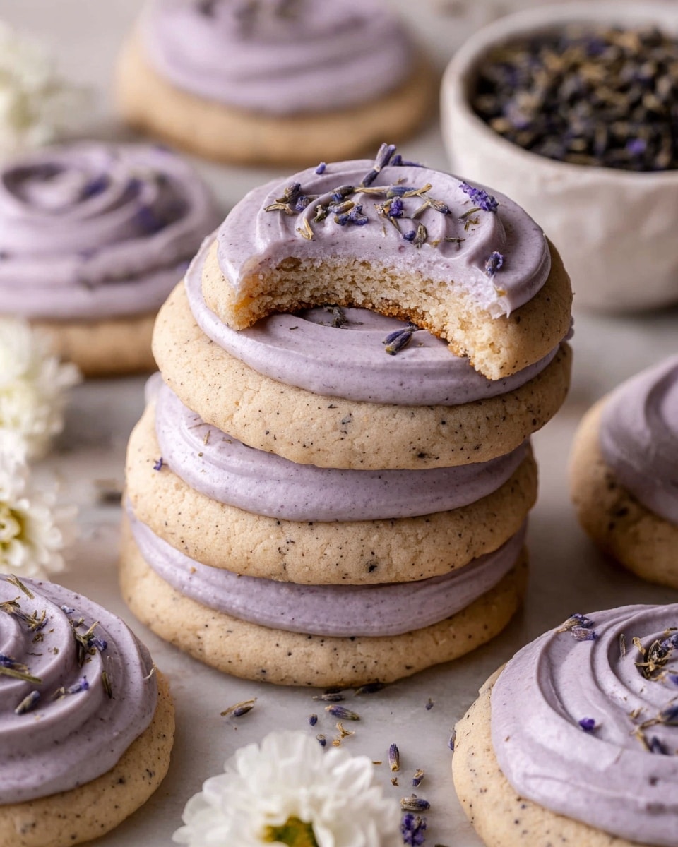 The image shows several round cookies with a base layer of light brown, slightly crumbly texture speckled with darker bits. Each cookie is topped with a thick, swirled layer of pale lavender frosting that has a smooth, creamy texture. Small dark flecks and tiny lavender flower petals are sprinkled on top, adding contrast and decoration. One cookie in the center has a bite taken out of it, revealing the soft, grainy inside. The cookies are arranged closely on a white marbled surface, with a small white bowl in the background filled with dark loose tea leaves and purple lavender flowers. A delicate white flower rests near the cookies. photo taken with an iphone --ar 4:5 --v 7