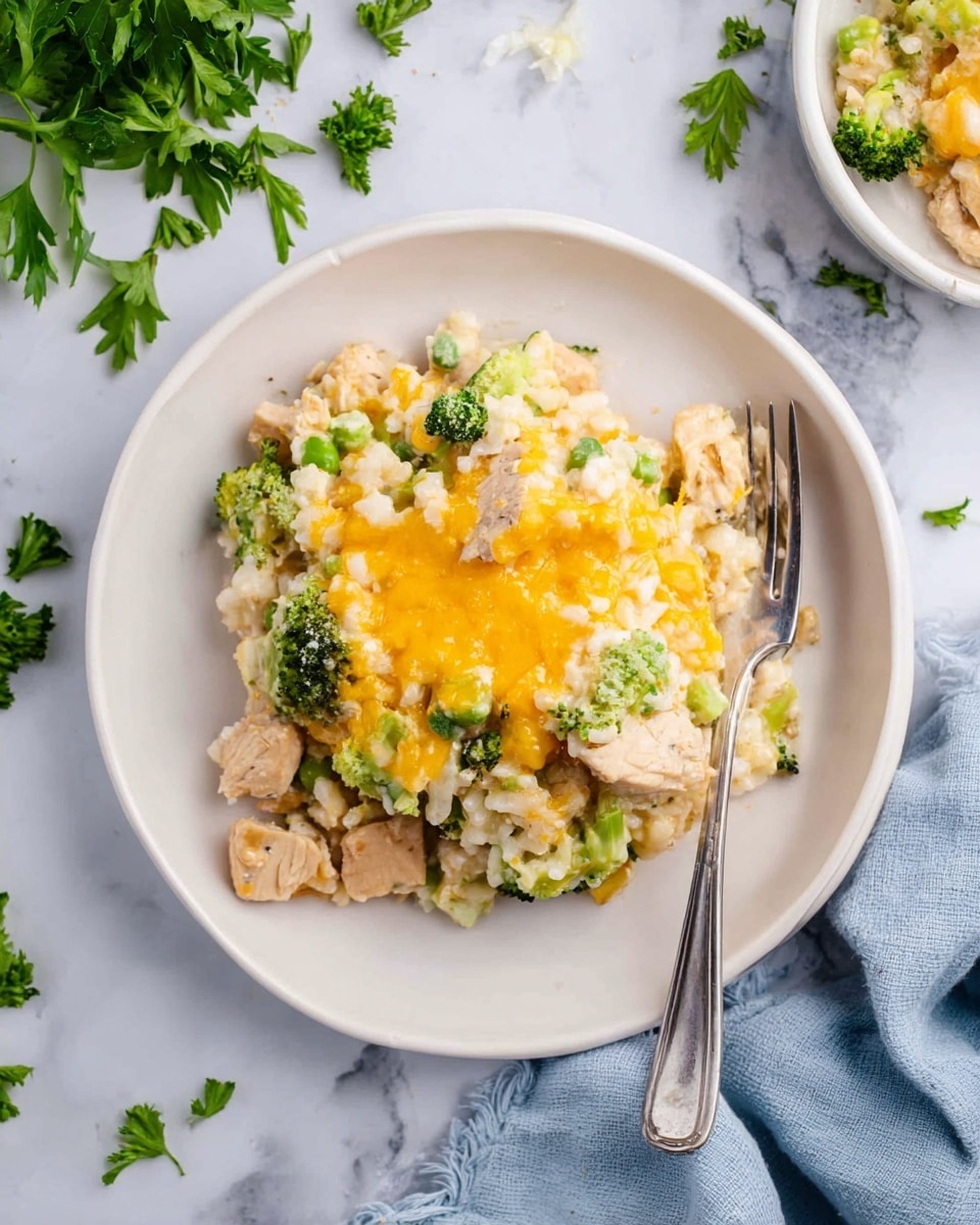 A white round plate with a creamy dish made of mixed layers: the base layer has pieces of light brown cooked chicken and small green broccoli florets, mixed with white rice. On top of this, there is a layer of melted yellow cheddar cheese, spread unevenly, blending into the creamy texture beneath. A silver fork rests on the right side of the plate. The plate is placed on a white marbled surface with some green parsley leaves scattered around and a light blue cloth partially visible on the right side. Photo taken with an iphone --ar 4:5 --v 7