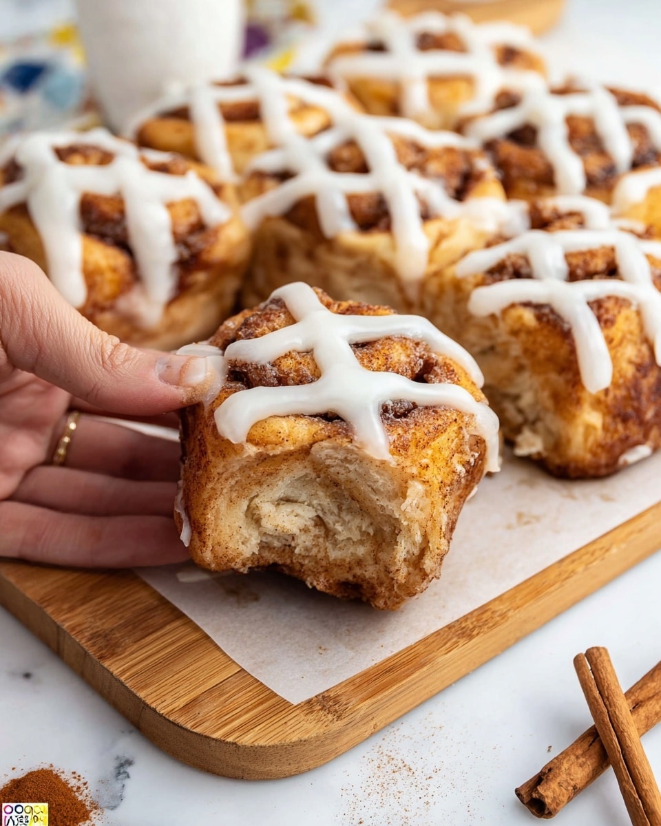 A piece of cinnamon roll is held by a woman’s hand, showing the soft inner layers with a light brown cinnamon swirl and a crumbly textured top coated in a thin layer of white icing. The roll is part of a larger group of similar cinnamon rolls arranged closely on a white parchment paper over a wooden cutting board. Each roll has a crumbly golden brown top with visible cinnamon specks and is topped with intersecting stripes of white icing forming a lattice pattern. Cinnamon sticks and some cinnamon powder are scattered near the board. The background is a white marbled texture. photo taken with an iphone --ar 4:5 --v 7