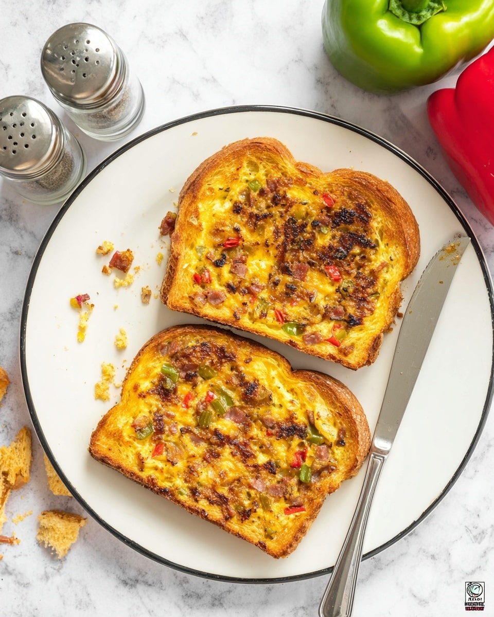 Two slices of golden-brown toast lie on a white plate with a thin black rim. Each toast slice has a thick, uneven layer of cooked egg mixed with small pieces of red and green bell peppers, onions, and possibly sausage or bacon, creating a textured, multicolored top with both lighter yellow and darker browned spots. A silver butter knife rests diagonally on the plate, slightly overlapping one toast. The plate sits on a white marbled surface, next to salt and pepper shakers, a red bell pepper, and a green bell pepper. Some crumbs are scattered near the plate, adding to a casual breakfast scene. photo taken with an iphone --ar 4:5 --v 7