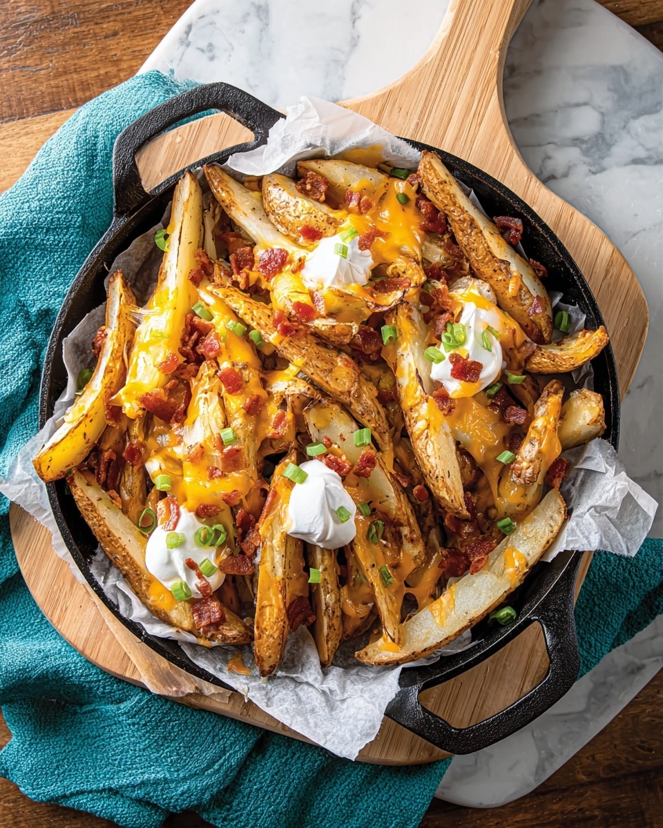 A black cast iron skillet lined with white parchment paper holds a generous pile of thick potato wedges with golden brown edges and soft white insides, topped with a layer of melted orange cheddar cheese, scattered crispy reddish-brown bacon bits, dollops of white sour cream, and sprinkled small pieces of green scallions. The skillet sits on a light wooden board, placed on a white marbled surface with a teal cloth beside it. The mix of textures and colors creates an inviting look of a loaded snack. photo taken with an iphone --ar 4:5 --v 7