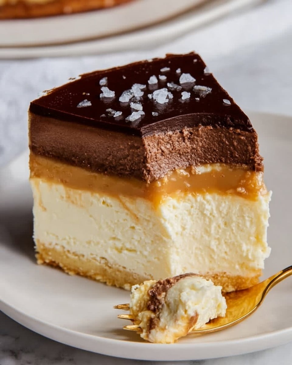 A slice of layered cheesecake is placed on a white plate with a golden fork beside it showing some cream on its tines. The cake has four visible layers from top to bottom: a thick dark brown chocolate layer topped with small flakes of sea salt, a smooth caramel layer below it with a rich golden color, a thick creamy white cheesecake layer with a soft texture, and a thin golden crust at the very bottom. The plate sits on a white marbled surface with a soft shadow from the cake. photo taken with an iphone --ar 4:5 --v 7