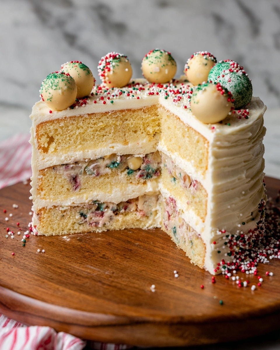 The image shows a three-layer yellow cake with a creamy off-white frosting. Between each cake layer, there is a thick filling mixed with small red, green, and blue specks, resembling sprinkles. The top of the cake is covered with the same creamy frosting and decorated with small round dough balls that have colorful specks inside them, along with a light scattering of red, green, and white tiny round sprinkles. The cake is placed on a round wooden board with a white marbled background behind it. photo taken with an iphone --ar 4:5 --v 7