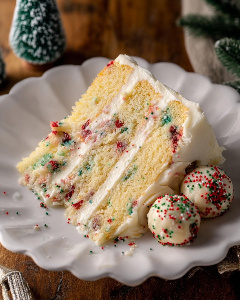 A slice of two-layer yellow cake with visible red and green specks inside each layer sits on a white scalloped plate. Between the cake layers and covering the top is thick, creamy white frosting with matching colorful sprinkles spread throughout. Behind the slice on the plate are several round dough balls, also dotted with red and green sprinkles. The plate rests on a wooden surface, contrasted by a small frosted green tree on the left side. photo taken with an iphone --ar 4:5 --v 7