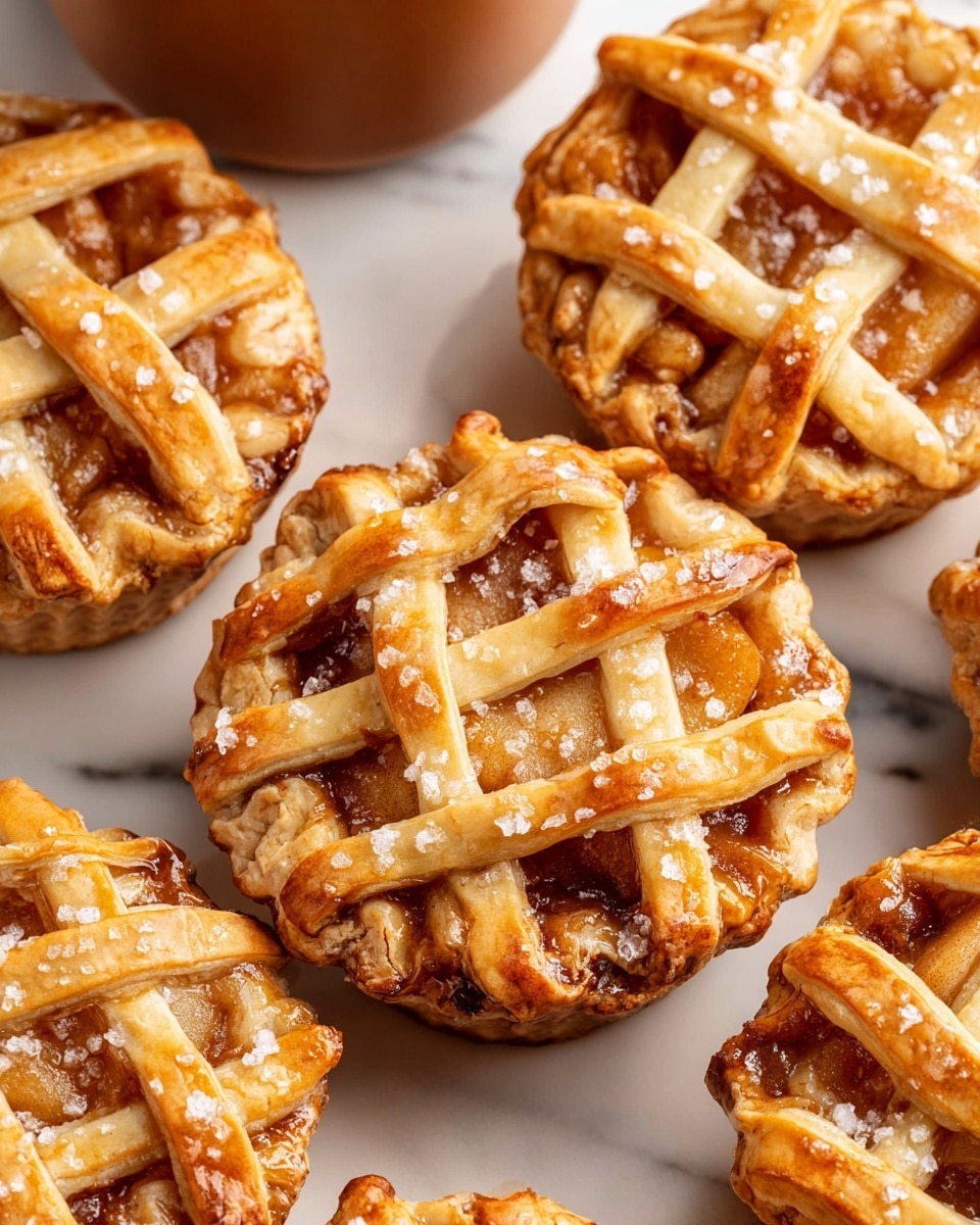 Close-up of several small apple pies with golden-brown lattice crusts on top. Each pie has a round shape with multiple thin strips of crust woven in a crisscross pattern, showing the caramelized apple filling underneath. The crust looks shiny and sprinkled with coarse sugar crystals that add texture. The pies sit on a white marbled surface, and a glimpse of a brown mug is seen in the background. The pies have a warm, baked appearance with some edges slightly darker from baking. photo taken with an iphone --ar 4:5 --v 7