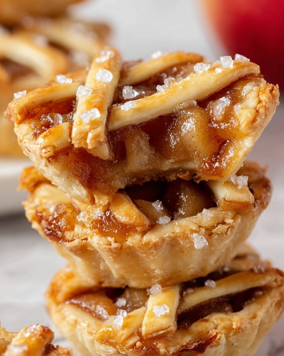 A close-up view of a stack of small apple lattice tarts, each tart showing a golden-brown crust with shiny sugar crystals on top. The lattice has three clear strips of crust crossing over a filling made of glossy, soft-cooked apple pieces with light brown cinnamon spice. The crust has a slightly flaky texture with some areas showing a deeper brown where it is baked more. The top tart is partially bitten, exposing layers of deeply caramelized apple filling within the tender crust. The background is a soft focus white marbled texture with hints of an out-of-focus red apple and another tart on a white plate nearby. photo taken with an iphone --ar 4:5 --v 7
