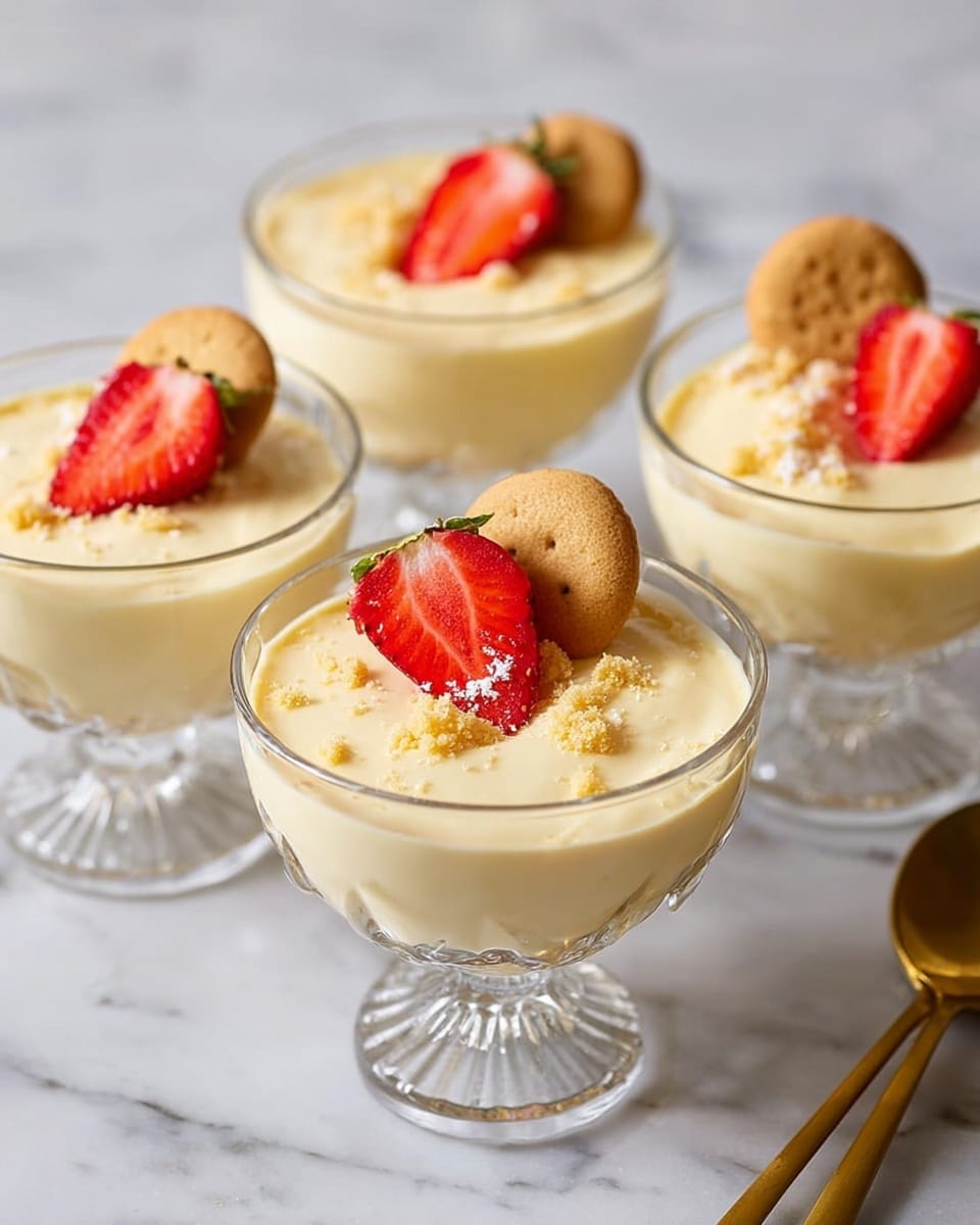 The image shows four small glass dessert bowls, each filled with a creamy light yellow pudding. The pudding has a smooth texture with a few small crumbles sprinkled on top. Each bowl is topped with a halved red strawberry and a single round golden cookie, both placed on the pudding's surface, with the strawberry half resting near the cookie. The bowls stand on a white marbled surface. There are gold spoons partially visible on the right side of the image. photo taken with an iphone --ar 4:5 --v 7