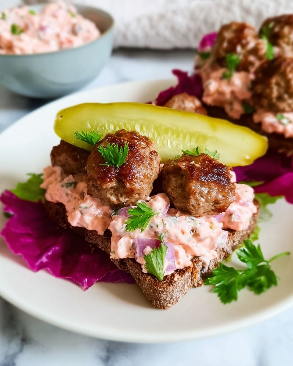 A white plate holds an open sandwich with four layers: the base is a dark brown bread, topped with red-veined light green lettuce leaves. On top of the lettuce is a creamy, chunky pink spread made of diced vegetables mixed into a sauce. Five browned, unevenly shaped meatballs are scattered on the pink spread. A large, thick slice of greenish-yellow pickle leans against one meatball near the center. Small green parsley leaves are sprinkled on top. The background has a white marbled texture with a bowl containing more pink spread partially visible. Photo taken with an iphone --ar 4:5 --v 7