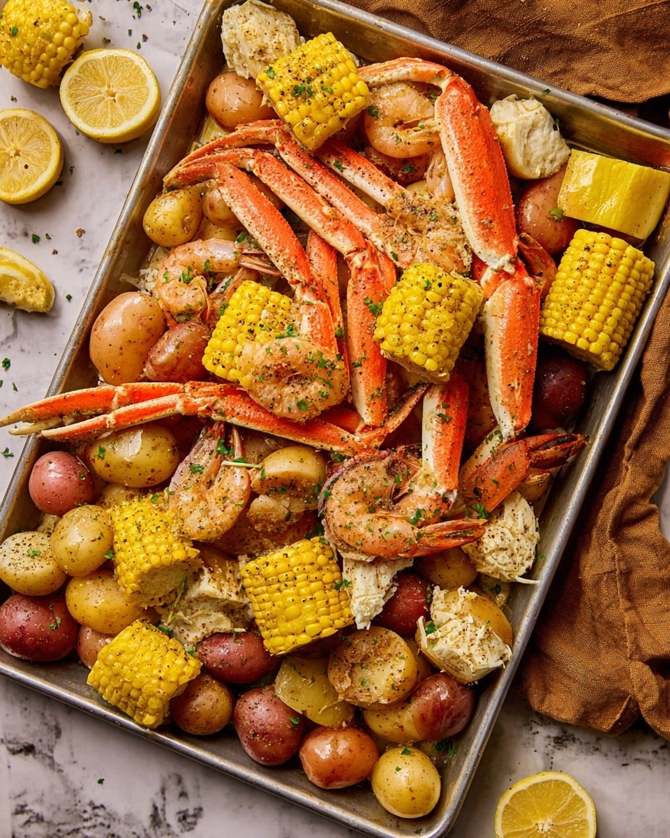 A large metal tray filled with a seafood boil showing three layers: the bottom layer with bright yellow cooked corn on the cob pieces and several red, yellow, and white small potatoes; the middle layer with orange-pink cooked shrimp and bright orange crab legs scattered across; and the top layer sprinkled with green herbs and black pepper, with some lemon wedges placed on top and around the tray edges, all sitting on a white marbled texture with a brown cloth on the top right corner. photo taken with an iphone --ar 4:5 --v 7