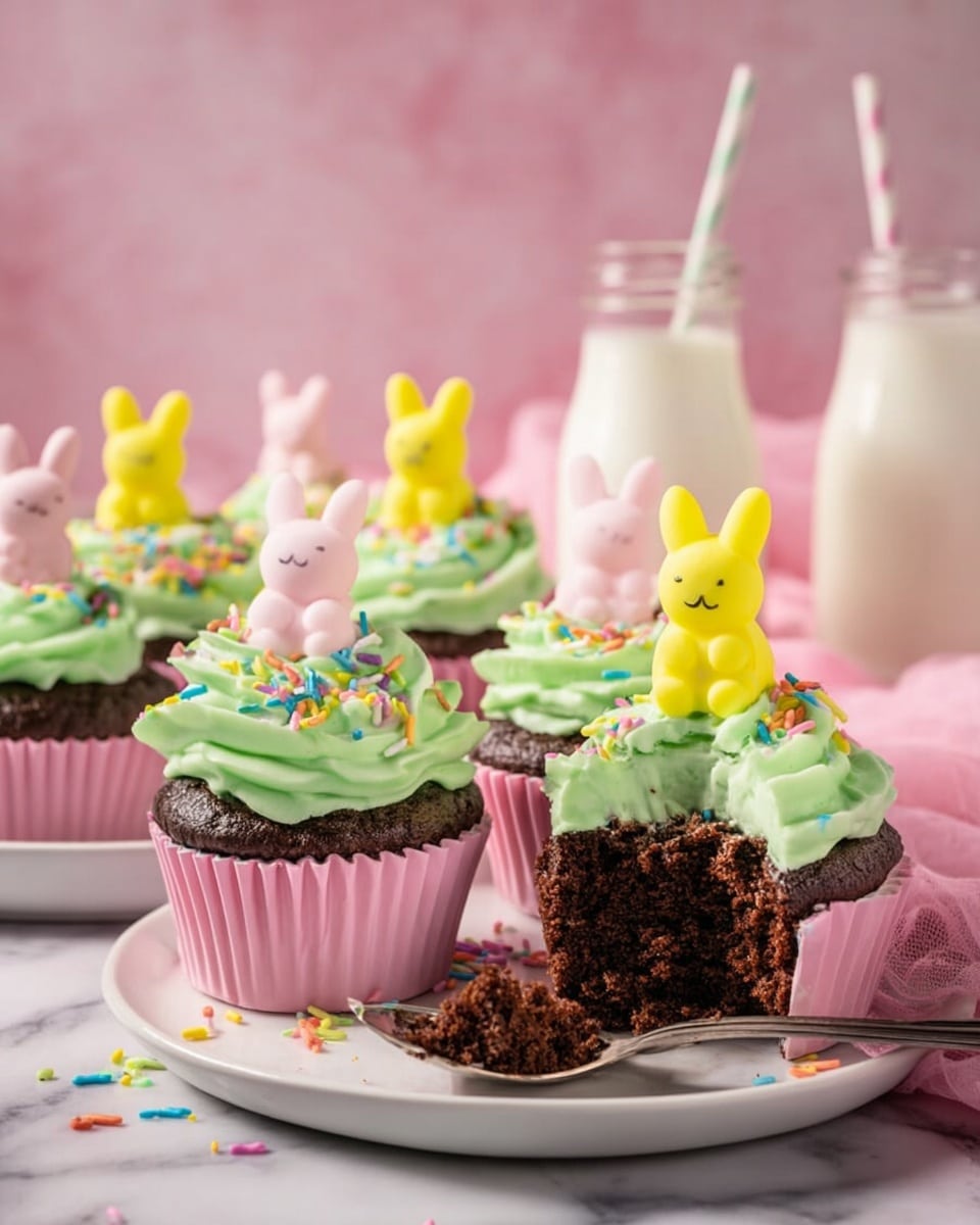 The image shows chocolate cupcakes with light green swirled frosting on top, decorated with colorful round and rod sprinkles scattered around. Each cupcake has a yellow or pink marshmallow bunny standing upright in the center of the frosting. There are pink cupcake liners holding the cupcakes. One cupcake is on a white plate with a bite taken from it, revealing moist dark chocolate cake inside, and a small piece of frosting fallen to the side. A silver spoon rests by the bitten cupcake. In the background, two glass bottles filled with milk, one with a striped straw, sit on a white marbled surface with a soft pink backdrop. photo taken with an iphone --ar 4:5 --v 7