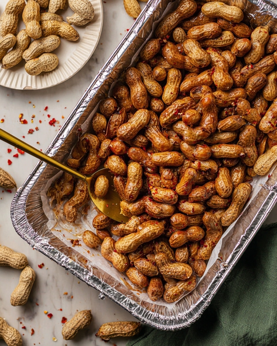 A close-up view of a large silver foil tray filled with many cooked peanuts still in their brown shells, some sprinkled with tiny red chili flakes. The texture of the peanut shells looks slightly rough and roasted. A long golden spoon lies inside the tray, partially scooping some peanuts. Around the tray, there are cracked peanut shells scattered on a white marbled surface near a white plate holding more peanut shells. A green cloth is partially visible at the top right corner. The overall scene has a warm and slightly rustic feel. photo taken with an iphone --ar 4:5 --v 7