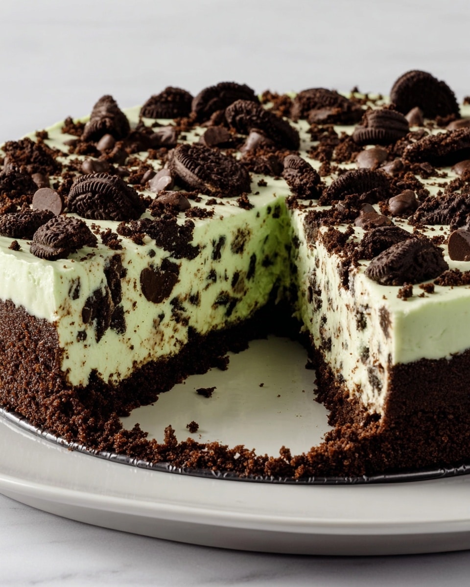 A rich pie with three main layers sits on a white plate against a white marbled background. The bottom crust is dark brown, crumbly, and thick, forming the base and sides of the pie. Above this is a thick, creamy light green filling mixed with small dark chocolate bits and cookie chunks spread evenly. The top layer is covered with broken dark cookies and scattered round dark chocolate chips, giving a textured look. One slice is cut out, showing the creamy, chunky middle and the sturdy crust beneath. photo taken with an iphone --ar 4:5 --v 7