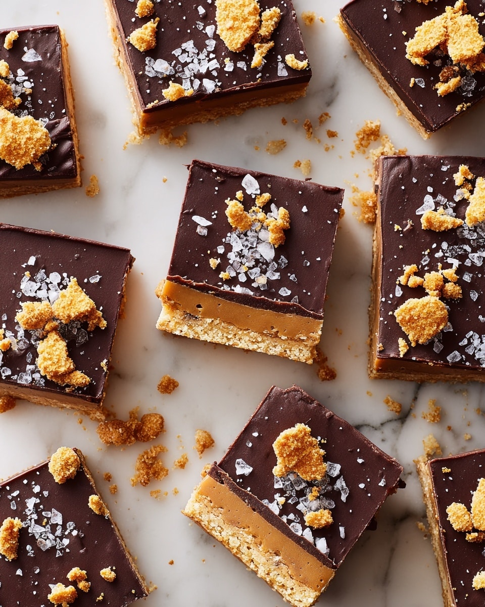 The image shows several square bars laid out on a white marbled surface. Each bar has three layers: the bottom layer is a crumbly golden-brown base, the middle layer is a lighter, slightly thicker filling in a caramel or cookie dough shade, and the top layer is a smooth, dark chocolate glaze. On top of each bar, there are scattered pieces of golden cookie crumbs and a light sprinkling of coarse sea salt crystals that add texture and shine. Some bars are whole, while one near the center is partially broken, showing the layers clearly and some crumbs spread around them. photo taken with an iphone --ar 4:5 --v 7