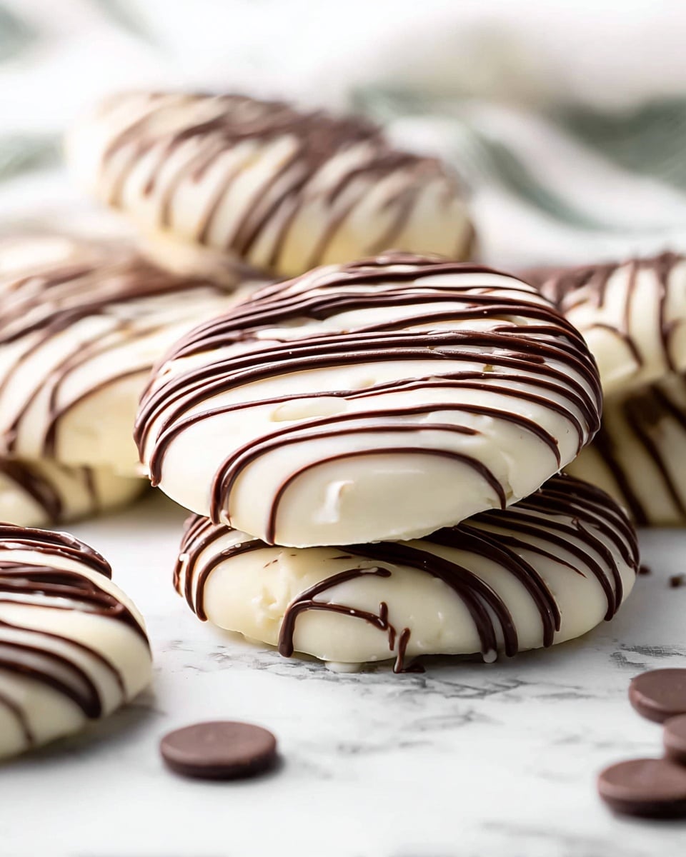 The image shows several round cookies covered in a smooth, thick layer of white chocolate. Each cookie is decorated with thin, dark chocolate stripes drizzled diagonally across the top, creating a contrast between the white and dark chocolate. The cookies are stacked slightly and placed on a white marbled surface, with some chocolate discs scattered around them. The texture looks creamy and rich, and the cookies have a clean, glossy finish. photo taken with an iphone --ar 4:5 --v 7