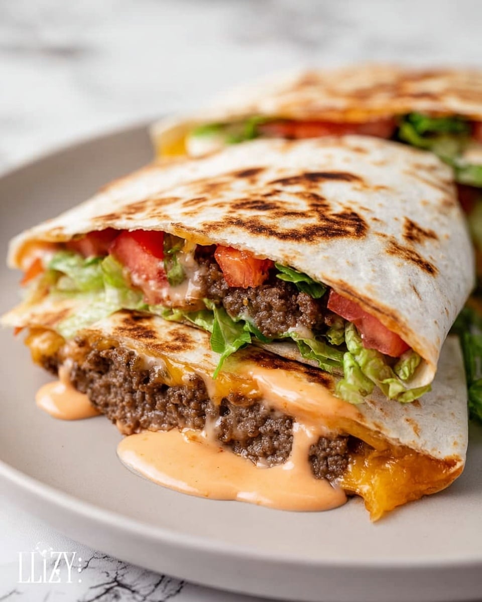 The image shows a cut quesadilla on a white plate, placed on a white marbled surface. The quesadilla has two visible layers; the outer layers are soft, lightly charred white tortillas with brown spots. Inside, the bottom layer is melted golden cheese, and above it is a thick, juicy brown ground beef patty. Above the beef, there is a fresh layer of green lettuce and pieces of red tomato. A creamy orange sauce drips slowly between the vegetables and beef, adding a smooth texture. The quesadilla is folded over to reveal the colorful and tasty filling inside. Photo taken with an iphone --ar 4:5 --v 7