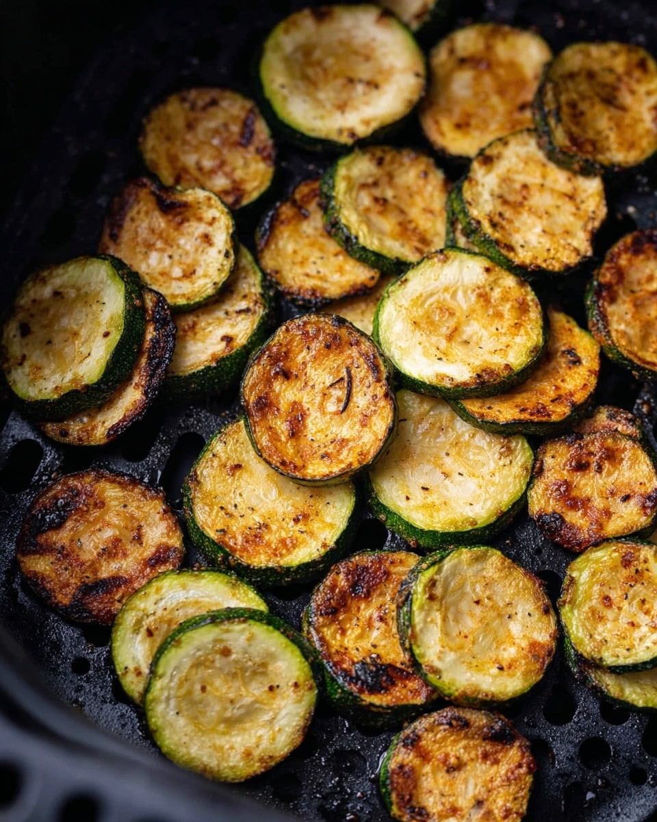 This image shows a single layer of cooked zucchini slices placed loosely on a black air fryer basket. The zucchini slices vary in shape, mostly round with some curved pieces, and have a golden brown, slightly crispy texture with some darker charred spots. The edges of the slices are green while the centers have a warm yellow to light brown color with seasoning visible, giving a roasted look. The background inside the air fryer basket is black, contrasting with the bright zucchini. photo taken with an iphone --ar 4:5 --v 7