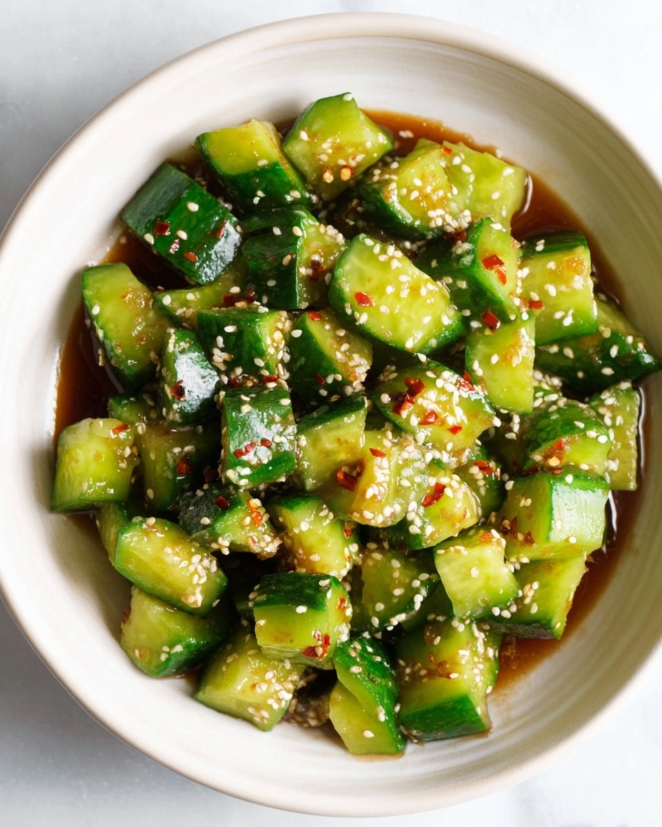 The image shows a white bowl filled with chopped cucumber pieces that have a bright green outer skin and a light green inside. The cucumber pieces are roughly cut into chunky, uneven pieces and are coated in a slightly glossy light yellow sauce. White sesame seeds are sprinkled evenly over the cucumbers along with small flakes of red chili, adding spots of texture and color contrast. The bowl sits on a white marbled surface, enhancing the fresh and clean look of the dish. photo taken with an iphone --ar 4:5 --v 7