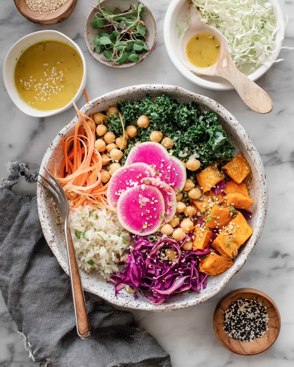 A white speckled bowl holds a vibrant, layered salad arranged in sections: bright green kale leaves on the top right corner, creamy beige chickpeas next to it on the left, shredded white cabbage below the chickpeas, finely chopped purple cabbage in the bottom left, fluffy light brown rice beside the cabbage at the bottom, and roasted orange sweet potato cubes filling the bottom right corner. On top of the kale and sweet potatoes are thin orange and purple carrot ribbons intertwined, with two round watermelon radish slices, light pink with magenta centers and white edges with sesame seeds sprinkled over them, placed centrally. Microgreens are scattered around the carrot ribbons. A fork rests inside the chickpea section on the left side. Surrounding the bowl on a white marbled surface are small bowls of mustard-yellow dressing with a wooden spoon, shredded white cabbage, watermelon radish slices on a white plate, microgreens in a small bowl, and a small wooden dish of black and white sesame seeds. A gray cloth napkin sits near the bottom left corner of the bowl. photo taken with an iphone --ar 4:5 --v 7