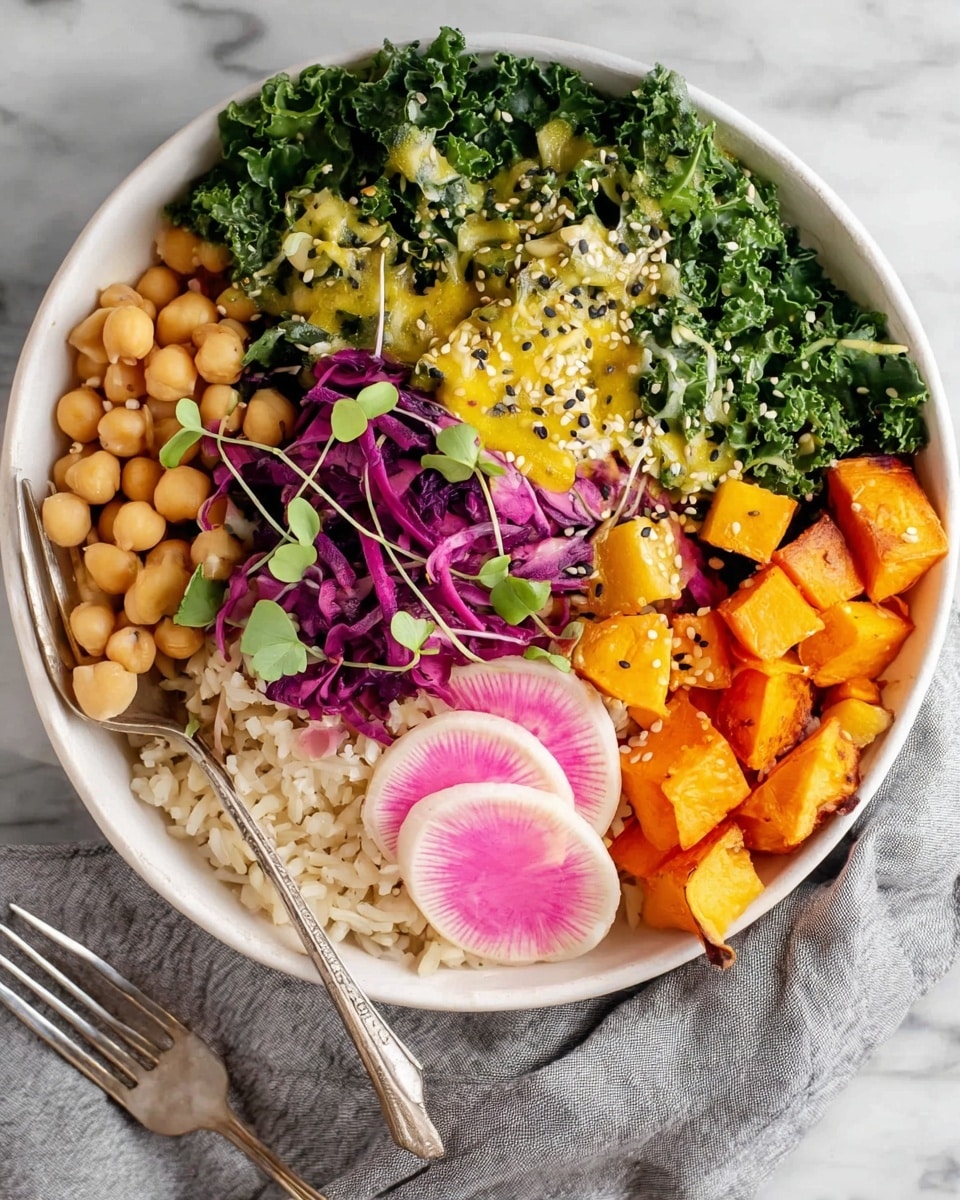 A white bowl with several layers of colorful food arranged in sections: bright green kale at the top with a yellow dressing and black and white sesame seeds sprinkled on it, beige chickpeas to the left, thin purple cabbage shreds below the chickpeas mixed with light sauerkraut, light brown cooked rice below the cabbage, orange cubed roasted sweet potatoes to the right of the rice, and two round slices of pink radish with white edges placed near the center. Thin carrot ribbons curl on the right side over the kale with small microgreens. A fork rests on the left side against the food. The bowl sits on a white marbled surface with a gray cloth beside it. photo taken with an iphone --ar 4:5 --v 7