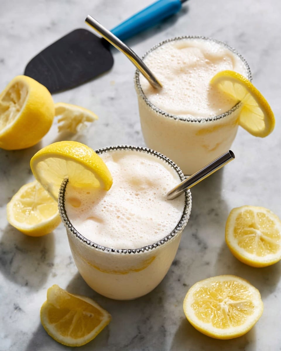 Two frothy light-colored creamy drinks fill round transparent glasses with a dotted texture around the rim, topped with pale, bubbly foam layers. Each glass has a smooth stainless steel straw inserted near the center. A fresh yellow lemon slice garnishes the rim of one glass, while another lemon wedge rests inside the other glass. Scattered around the drinks are several yellow lemon pieces showing juicy interiors on a white marbled surface. A blue-handled black spatula is placed nearby in the upper left corner. Photo taken with an iphone --ar 4:5 --v 7
