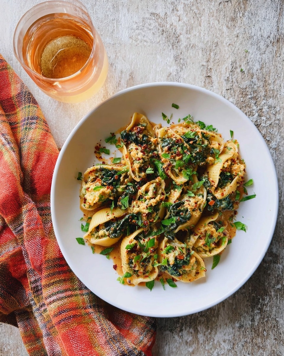 A white plate sits on a white marbled textured surface with a portion of stuffed pasta shells cooked with wilted dark green leafy vegetables and mixed with a rich sauce that has hints of brown and red spices. The dish is topped with fresh bright green chopped herbs scattered evenly. Next to the plate is a glass filled halfway with a light amber colored drink. A plaid cloth with orange, red, brown, and white checks rests folding slightly on the surface behind the plate. photo taken with an iphone --ar 4:5 --v 7