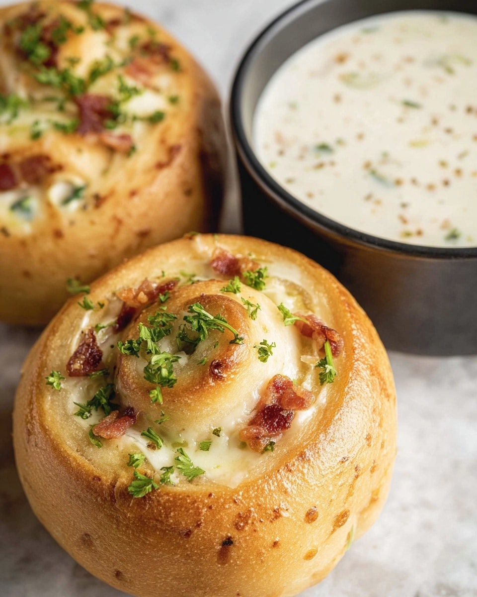 The image shows two golden-brown bread rolls with a soft, fluffy texture and a spiral shape, filled with creamy white cheese mixed with small pieces of red bacon and green herbs, garnished with fresh green parsley on top. Next to the rolls, there is a black bowl filled with a thick, white sauce showing small specks of seasoning inside. All items are placed on a white marbled surface. photo taken with an iphone --ar 4:5 --v 7
