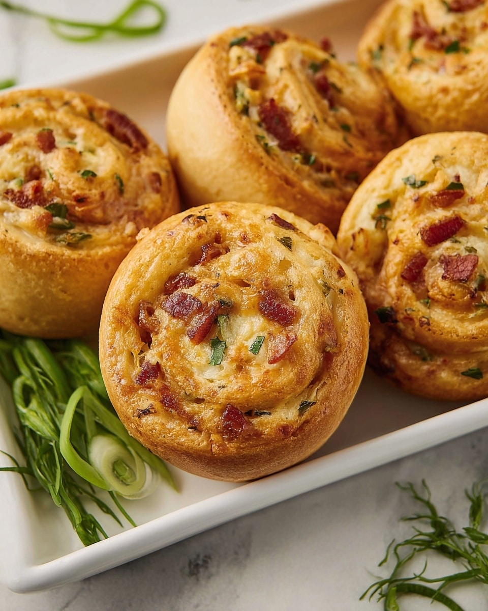 A close-up view of several golden brown pinwheel rolls arranged closely on a white rectangular tray, each roll showing multiple soft dough layers spiraled around a filling of creamy white cheese, small bits of reddish bacon, and small green herb pieces, with a slightly crispy texture on the outside. The rolls have a light shine from butter and are surrounded by sprigs of fresh green herbs and thinly sliced green onion on a white marbled surface. Photo taken with an iphone --ar 4:5 --v 7